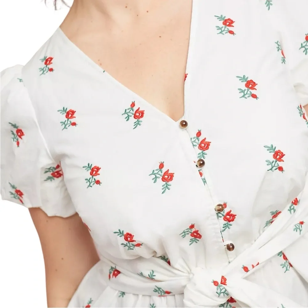 Anthropologie White Floral Tie-Waist Blouse with Red Roses